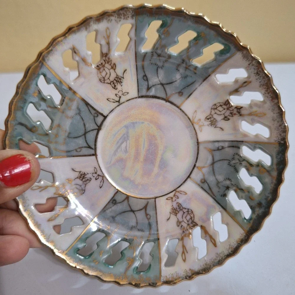 Vintage 1950 Lusterware Demitasse Cup Saucer Gold Trim Reticulated‎ Japan